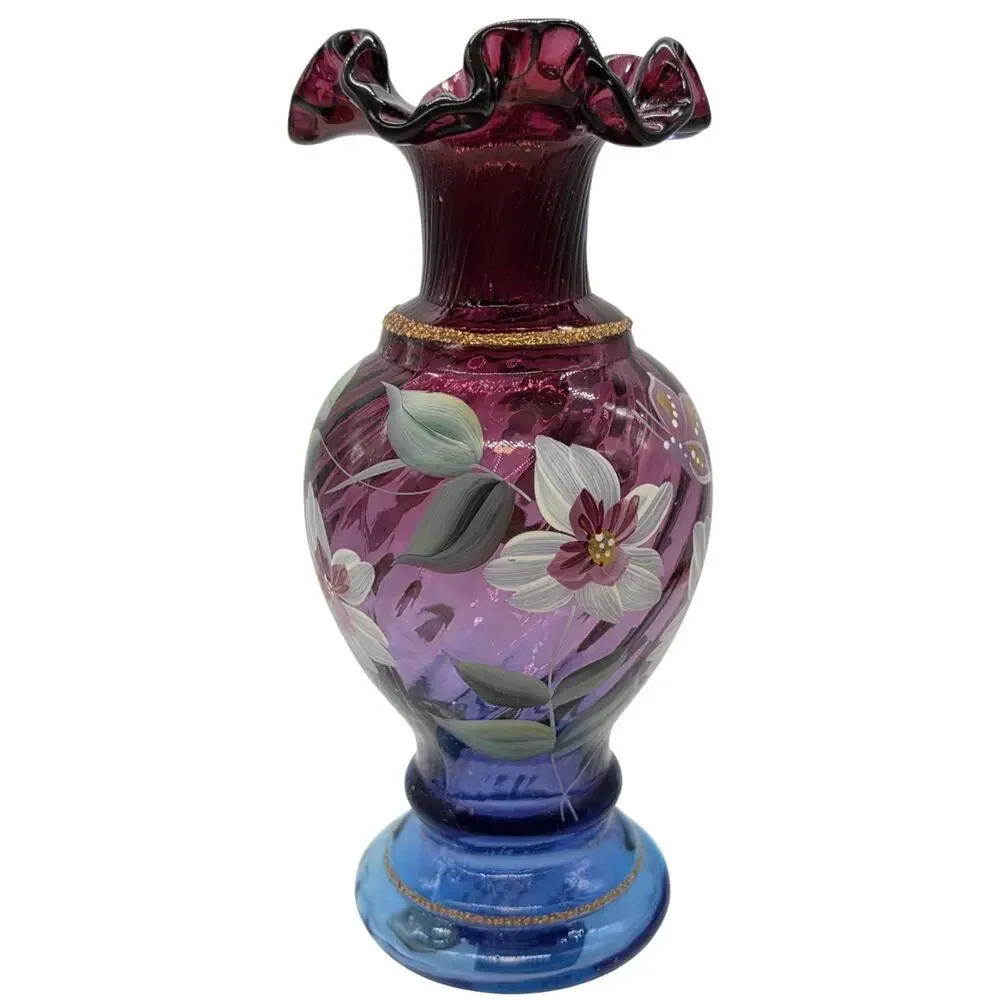 FENTON DECORATED MULBERRY VASE CHAIRMAN OF THE BOARD FLORAL BUTTERFLY SIGNED